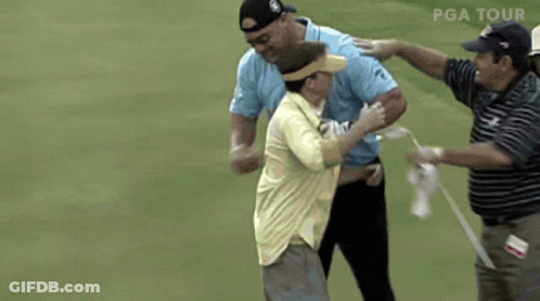 A Group Of Men Standing On A Golf Course With A Pga Tour Logo On The Bottom GIF