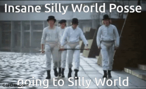 A Group Of Men Walking Down A Sidewalk With The Words Insane Silly World Posse Going To Silly World Below Them GIF