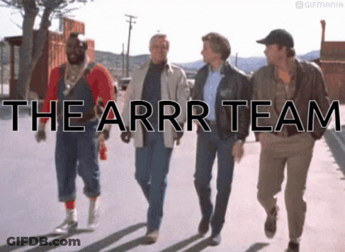 A Group Of Men Walking Down A Street With The Words The Arrr Team Written On The Bottom GIF