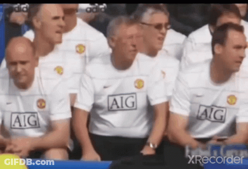 A Group Of Men Wearing Aig Shirts Are Sitting In The Stands . GIF