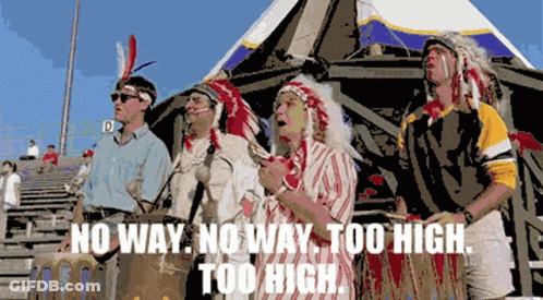 A Group Of Men Wearing Native American Headdress Are Standing In Front Of A Tent With The Words No Way No Way Too High GIF