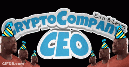 A Group Of Men Wearing Party Hats Are Standing In Front Of A Crypto Company Logo GIF