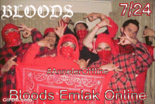 A Group Of Men Wearing Red Bandanas Pose For A Photo With The Words Bloods Emlak Online GIF