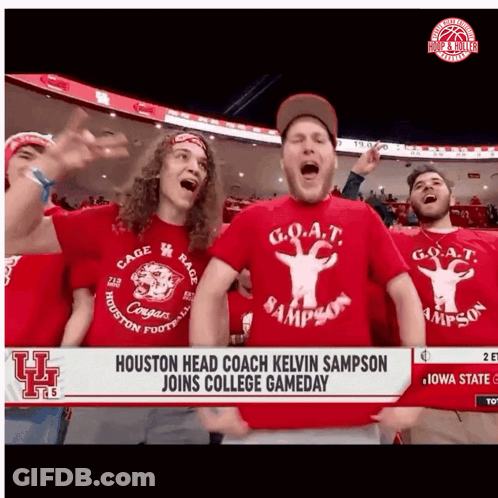 A Group Of Men Wearing Red Shirts That Say Goat On Them GIF
