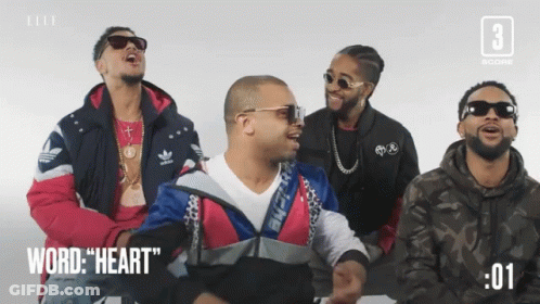 A Group Of Men Wearing Sunglasses And Jackets With The Words " Word Heart " On The Bottom GIF