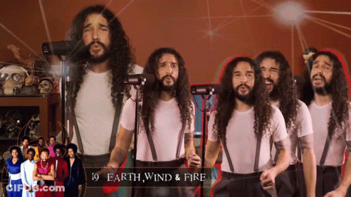A Group Of Men With Long Hair Are Singing Earth Wind And Fire GIF