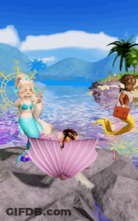 A Group Of Mermaids Are Standing On A Rock In The Ocean . GIF