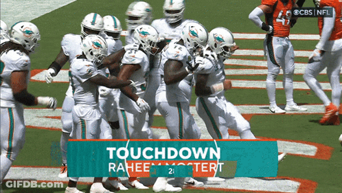 A Group Of Miami Dolphins Football Players On The Field GIF