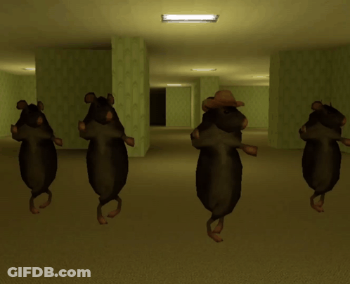A Group Of Mice Are Dancing In A Hallway With Green Walls GIF