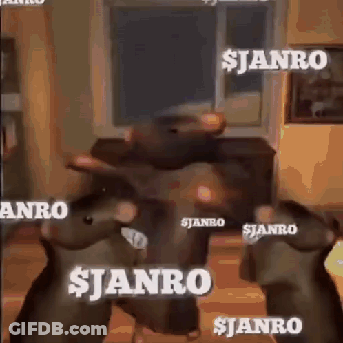 A Group Of Mice Are Dancing In A Living Room With The Words $ Janro Written On The Wall . GIF