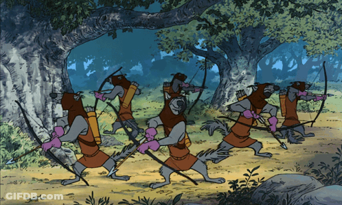 A Group Of Mice With Bows And Arrows In A Cartoon Scene GIF