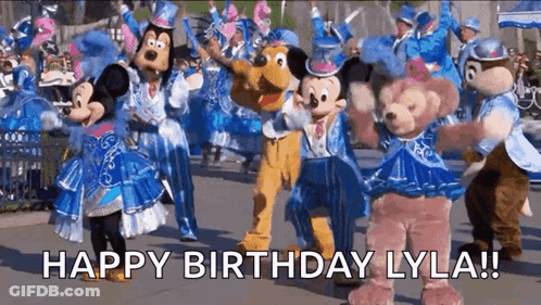 A Group Of Mickey Mouse , Minnie Mouse , Pluto And Duffy Bears Are Dancing In A Parade . GIF