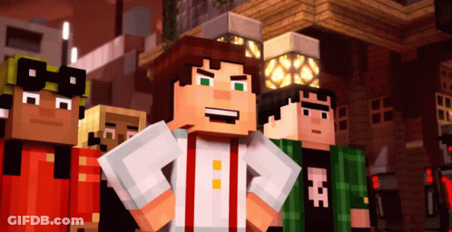 A Group Of Minecraft Characters Are Standing In A Line GIF