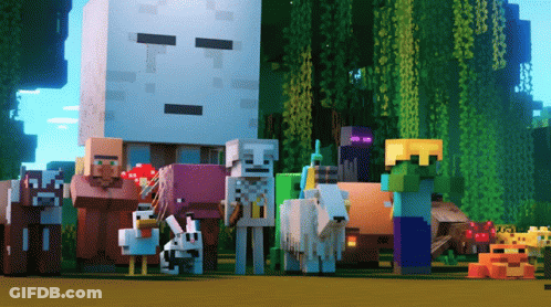 A Group Of Minecraft Characters Are Standing In A Line GIF