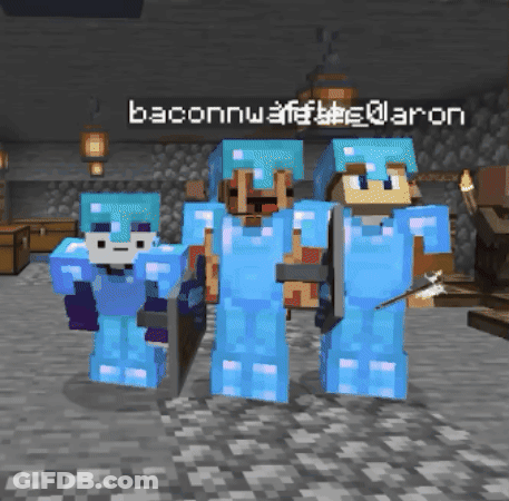 A Group Of Minecraft Characters Are Standing Next To Each Other With The Name Baconnwaffebbs @ Aron On The Bottom GIF