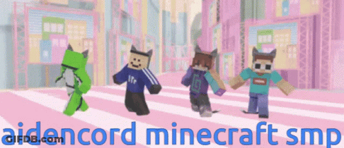 A Group Of Minecraft Characters On A Pink Background With The Words Aidencord Minecraft Smp On The Bottom GIF