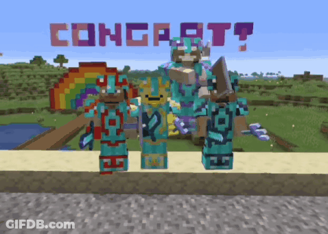 A Group Of Minecraft Characters Standing In Front Of A Sign That Says " Congrats " GIF