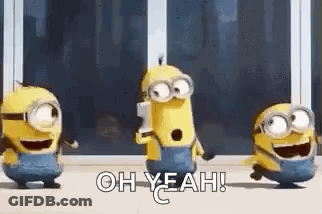 A Group Of Minions Are Dancing In Front Of A Window And Saying `` Oh Yeah ! '' GIF