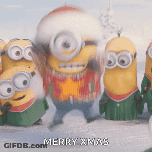 A Group Of Minions Are Dancing In The Snow And The Words Merry Xmas Are Visible GIF