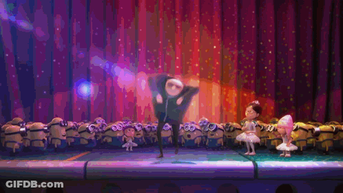 A Group Of Minions Are Dancing On A Stage With A Man Pointing Up GIF