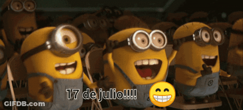A Group Of Minions Are Sitting In A Row With The Words 17 De Julio Written Above Them GIF