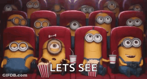 A Group Of Minions Are Sitting In A Theater With Popcorn And Drinks . GIF