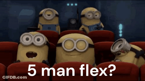 A Group Of Minions Are Sitting In A Theater With The Words " 5 Man Flex " Written On The Screen GIF