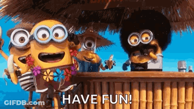 A Group Of Minions Are Sitting Under A Thatched Umbrella At A Bar . GIF