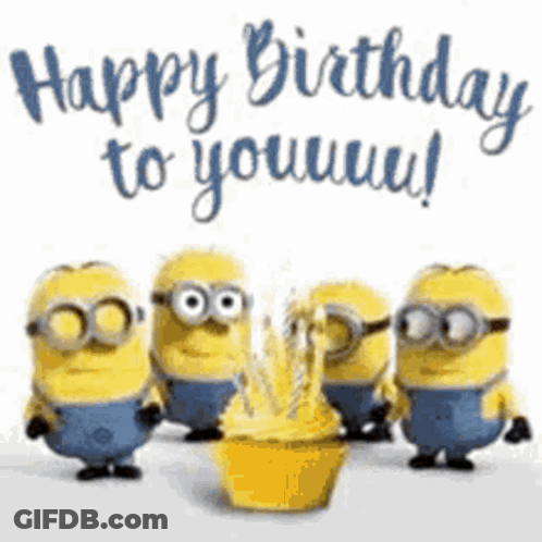 A Group Of Minions Are Standing Around A Cupcake With A Candle In It And The Words `` Happy Birthday To You ! '' GIF