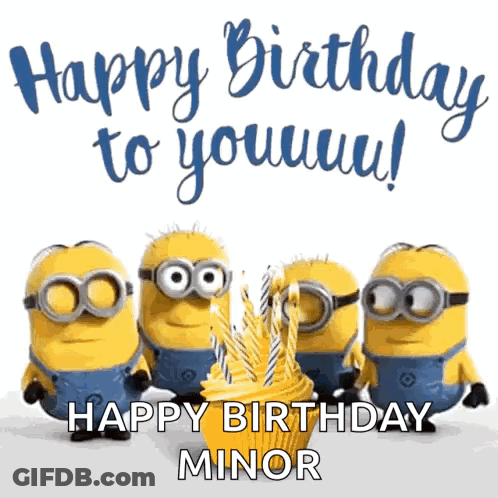 A Group Of Minions Are Standing Around A Cupcake With Candles And The Words Happy Birthday Minor GIF