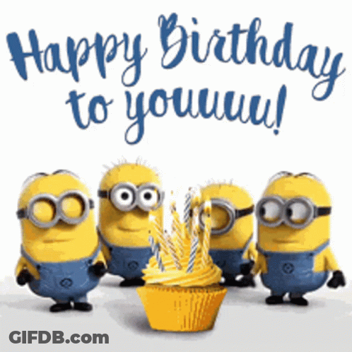 A Group Of Minions Are Standing Around A Cupcake With Candles And The Words Happy Birthday To You GIF