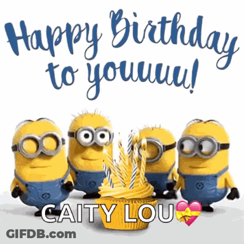 A Group Of Minions Are Standing Around A Cupcake With Candles And The Words Happy Birthday To You Written On It GIF