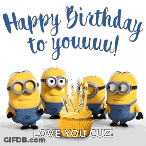A Group Of Minions Are Standing Around A Cupcake With Candles On It .. GIF