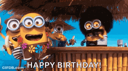 A Group Of Minions Are Standing In Front Of A Tiki Bar And Saying Happy Birthday ! GIF