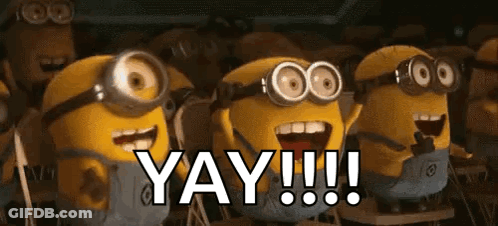 A Group Of Minions Are Standing Next To Each Other And Laughing And Saying Yay . GIF