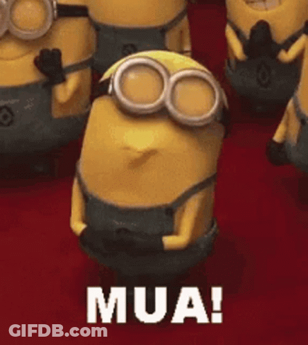 A Group Of Minions Are Standing Next To Each Other And One Of Them Is Saying Mua ! GIF