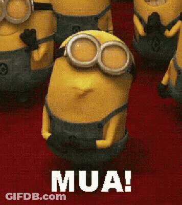 A Group Of Minions Are Standing Next To Each Other And One Of Them Says Mua ! GIF