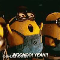 A Group Of Minions Are Standing Next To Each Other And One Of Them Says Woohoo Yeah . GIF