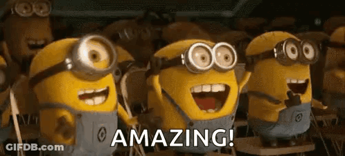 A Group Of Minions Are Standing Next To Each Other In A Classroom With The Words `` Amazing '' Written On The Screen . GIF