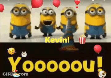 A Group Of Minions Are Standing Next To Each Other With Balloons And Popcorn On A Black Background . GIF