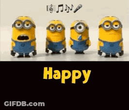 A Group Of Minions Are Standing Next To Each Other With The Words `` Happy '' Written On The Bottom . GIF