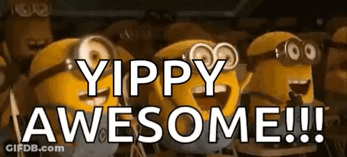 A Group Of Minions Are Standing Next To Each Other With The Words `` Yippy Awesome '' . GIF