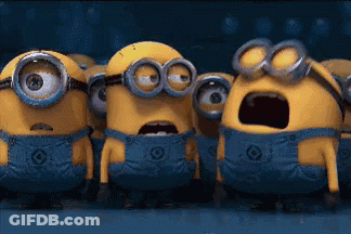 A Group Of Minions Are Standing Next To Each Other With Their Mouths Open GIF