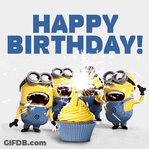 A Group Of Minions Celebrate A Birthday With A Cupcake GIF