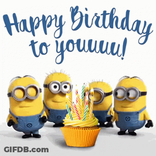 A Group Of Minions Standing Around A Cupcake That Says Happy Birthday To Youuuu GIF