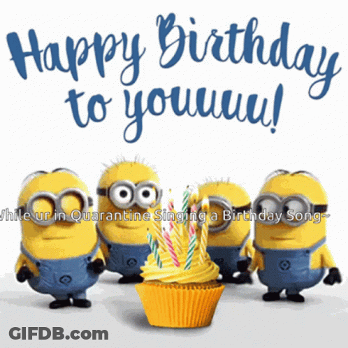 A Group Of Minions Standing Around A Cupcake With Candles And The Words " Happy Birthday To You " GIF