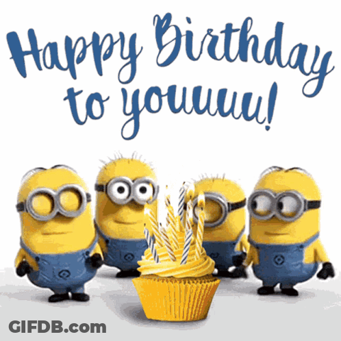 A Group Of Minions Standing Around A Cupcake With Candles And The Words Happy Birthday To Youuu GIF