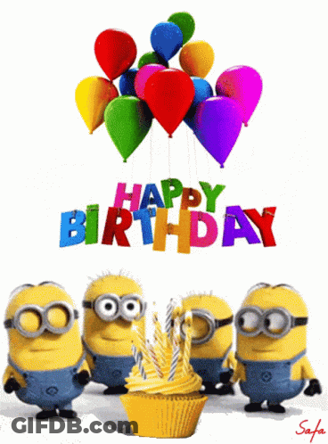 A Group Of Minions Standing Next To A Cupcake With Candles And Balloons That Say Happy Birthday GIF