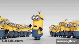 A Group Of Minions Standing Next To Each Other With A Make A Gif.com Button GIF