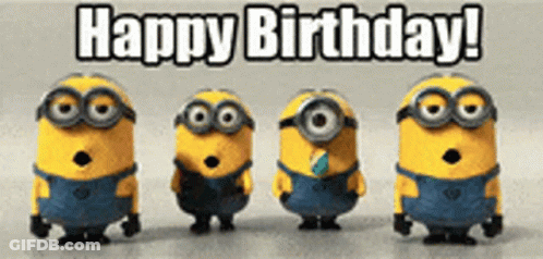 A Group Of Minions Standing Next To Each Other With The Words Happy Birthday Written On The Bottom GIF